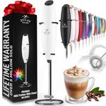 Zulay Powerful Milk Frother Handheld Foam Maker for Lattes - Whisk Drink Mixer for Coffee, Mini Foamer for Cappuccino, Frappe, Matcha, Hot Chocolate by Milk Boss (Exec White with Black Stand)