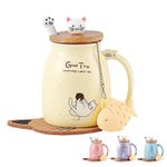 Cat Mug Cute Ceramic Coffee Cup with Lovely Kitty lid Stainless Steel Spoon,Novelty Morning Cup Tea Coffee Mug with Lid Yellow Coffee Gifts Christmas Birthday Gifts for Women Cat Lovers Presents