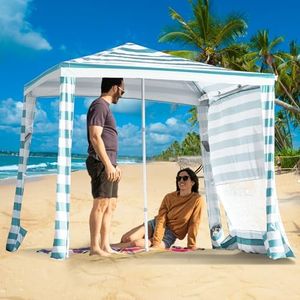 CROWN SHADES 6.5'x6.5' Beach Cabana Easy Setup Pop Up Tent Sun Shelter Beach Shade with One Sidewall and More Pockets, Cyan Blue