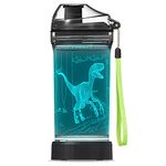 Light Up Dinosaur Water Bottle with Color Changing Night Light- 14 OZ Tritan BPA Free Eco-Friendly - Cute Velociraptor Kids Drinking Cups Gift for School Kids Boy Girl Child Christmas Holiday