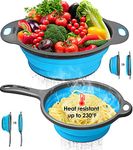 Longzon Collapsible Silicone Colanders and Strainers [2 Piece Set], Diameter Sizes 8'' - 2 Quart and 9.5" - 3 Quart, Pasta Vegetable/Fruit Kitchen Mesh Strainers with Extendable Handles Blue and Grey