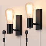 Lightsjoy 2 Pack Industrial Wall Light with Switch Indoor Plug in Wall 90° + 350° Rotatable Wall Sconce E27 Rustic Wall Lighting for Living Room Bedroom Restaurant Coffee Shop Kitchen Island - Black