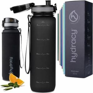 Hydracy Water Bottle with Time Marker - Large 1 Liter 32 Oz BPA Free Water Bottle - Leak Proof & No Sweat Gym Bottle with Fruit Infuser Strainer - Ideal for Fitness or Sports & Outdoors - Space Grey