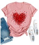 Valentine's Day V Neck T Shirts Womens Funny Double Heart Graphic Shirts Valentines Gift Tshirt Short Sleeve Couple Tops, Pink, X-Large