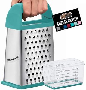 Gorilla Grip Stainless Steel Box Grater, 4-Sided XL Cheese and Spice Graters with Handle, Slice, Shred, Grate Vegetables, Ginger, Potato, Handheld Food Shredder, Zester, Includes Container, Turquoise