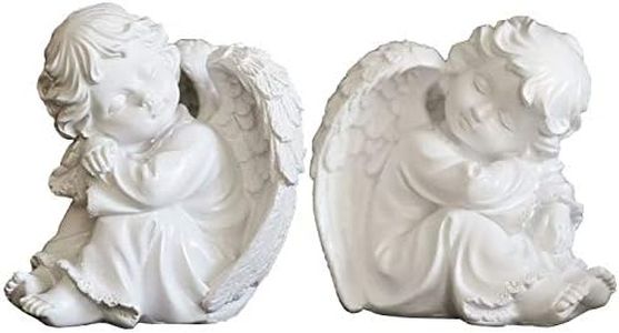 KiaoTime - Set di 2 statuette in resina, adorabili cherubini angeli custodi addormentati, con ali di angelo e ali da giardino