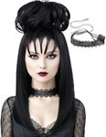 AMZCOS Long Black Costume Wig with Fluffy Curl Buns and Choker Accessories –Heat Resistant Synthetic Hair Wigs with Bangs for Gothic Witch Halloween Cosplay