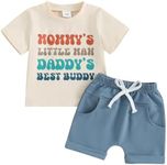 FYBITBO Toddler Baby Boy Summer Clothes Funny Letter Short Sleeve Top T-shirt and Solid Shorts 2 Piece Summer Outfits Set, Beige-mommys Little Man Daddys Best Buddy, 12-18 Months