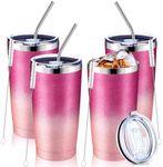 FillTouch 4 Pack Hot Pink Princess Glitter Tumblers Stainless Steel Vacuum Insulated Mug 20 oz Coffee Travel Cup with Lid Straws and Cleaning Brush for Women Girls Cold Hot Water Tea Beverages