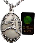 Softball Pewter Medal Ladies Necklace Set with Stainless Steel Chain with St Sebastian Boxed Prayer Card Saint Expressions Premium Jewelry for Athletes, one inch, Stainless Steel, No Gemstone