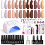 Beetles 12 Colors Pastel Pink Nudes Brown Gel Nail Polish Fall Autumn Starter Kit with Light 48W UV Nail Lamp Gel Base Top Coat Peach Glitter Gel Glitter Powder Nail Art Rhinestone Gems Manicure Kit