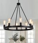 AMZASA Farmhouse 8-Lights Black Industrial Wagon Wheel Chandelier Light Fixture for Foyer Dining Room Kitchen Living Room Entryway Dia27 UL Listed