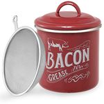 1.3L Bacon Grease Saver Container with Fine Strainer - Red Enamel & Stainless Steel Oil Keeper Can for Bacon Fat Dripping - Farmhouse Kitchen Gift & Decor Cooking Accessories - Dishwasher Safe