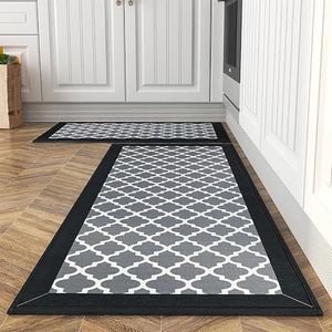 Jabykare Non Slip Absorbent Kitchen Floor Mat for Standing Front Sink - Non-Skid & Comfort Kitchen Rugs and Mats, Door Mat for Laundry, Kitchen (Black Flower, 44 * 75+44 * 148 cm)
