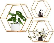 LMYDIDO Set of 3 Hexagon Wall Shelves, Hanging Shelves, Metal and Wood Floating Shelves, Wall Storage Organiser for Kitchen Shelf, Bathroom, Bedroom, Wall Decoration (Gold)