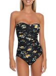 RELLECIGA Women's Black-Yellow Floral Tummy Control Swimwear Strapless One Piece Swimsuit for Women Ruched Padded Bathing Suits Size Large