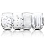 Joeyan Handmade Etched Stemless Wine Glasses Set of 4-17.5 oz Carved Stripes Dots Crystal Wine Glasses - Large Glass Wine Tumblers for Wine Tasting, Wedding, Anniversary, Party