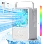 FERRISA Portable Air Conditioner with, Mini 4-IN-1 Cooler Humidifier with 3 Wind Speed modes & 7 LED Light, USB Desktop Cooling Fan with Handle & 600ML Capacity Water Tank for Home, Office, Camping