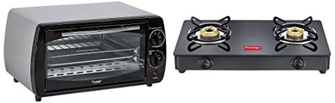 Prestige IRIS LPG Gas Stove, 2 Burner, Black, Powder coater Mild Steel with Glass Top, Manual & POTG 9 PC 800-Watt Oven Toaster Grills (Grey,9 Liter)