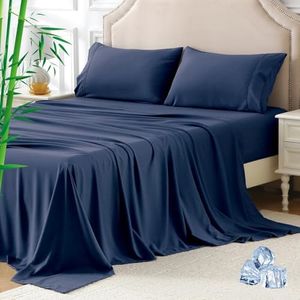 Hotel Bamboo Cooling Sheet Set 4 Pieces-Ultra Soft 2000TC Breathable Bed Sheets Set with 37 Centimetre Deep Pocket-Cooling Sheets for Hot Sleepers,Navy,Double Size