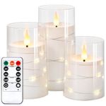 NURADA Flickering Flameless Candles: Built-in Star String Lights Acrylic 3D Wick Battery Operated LED Pillar Candles with Remote and Timer for Romantic Mood Home Decoration - 3 Pack Pure White