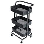 AASHRO MALL® Metal Rolling Utility Cart, 3 Tier Mobile Storage Trolley Cart Organizer with Handle and Lockable Wheels for Home Bathroom Kitchen Office Library Salon Outdoor Use Cosmic Black