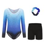 Cucudy Gymnastics Leotards Set For Girls - Long Sleeve & Sleeveless Leotards with Shorts and Headband Gradient Color Sparkling Ballet Dancing Unitards Gymnastics Outfit for 5-12 Years