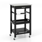 GiantexUK 4-Tier Kitchen Storage Trolley on Wheels, Rolling Storage Cart with Stainless Tabletop, Pull-out Drawer & Wire Basket, Mobile Utility Serving Cart for Dining Living Room (Black Body)