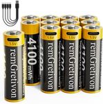 remGretivon USB-C Rechargeable AA Batteries 12 Pack, 4100mWh 1.5V Lithium, 1500 Cycles, Constant Voltage for Smart Locks, Wireless Keyboards, Mice, Cameras, Toys & More