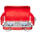 Hike Crew Gas Camping Stove | 20,000 BTU Portable Propane 2 Burner Stovetop | Integrated Igniter & Stainless Steel Drip Tray | Built-in Carrying Handle, Foldable Legs, Wind Panels | Includes Regulator