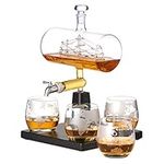 Oak & Steel - Ship in a Bottle Whiskey Decanter Dispenser (1000 ml) with 4 World Globe Map Glass, Wine Rum Carafe Ship Design Glasses, Men Gift Ideas, Husband Birthday Gifts