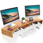 FITUEYES Dual Monitor Stand Riser - 3 Shelf Computer Laptop Stand, Length and Angle Adjustable, Home Office Desktop Organizer Stand, Bamboo Color DT108007BY