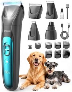 oneisall Silent Dog Clippers for Grooming, LED Light Dog Paw Trimmer Dog Nail Grinder, Rechargeable 2000mAh Dog Grooming Clippers Cordless Dog Hair Trimmer Electric Dog Trimmer for Paw, Nail, Body
