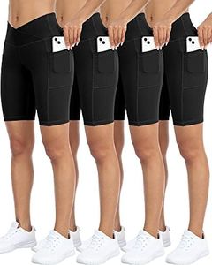 WHOUARE 4 Pack Biker Yoga Shorts with Pockets for Women,High Waisted Athletic Running Workout Gym Shorts Tummy Control, 4 Packs-v#-Black/Black/Black/Black, Large