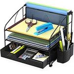 SimpleHouseware Desk Organizer 3 Tray w/Sliding Drawer and Hanging File Holder, Black