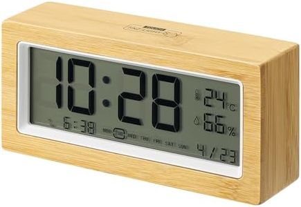 Navaris Digital Alarm Clock for Bedside or Desk with Light & LCD Backlit Display Shows Date Temperature & Humidity - Battery Operated - Bamboo with White Frame