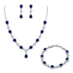 EleQueen Bridal Inspired Teardrop Necklace Set Tennis Bracelet Dangle Earrings V Shape Cubic Zirconia for Women Girls Sapphire Color