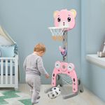 COSTWAY 3-in-1 Kids Basketball Stand with Football Goal & Ring Toss Play Set, 115-155cm Adjustable Height, Portable Sport Activity Center for Indoor Outdoor Game (Pink)