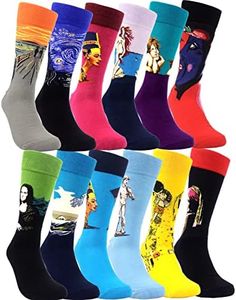 HSELL Mens Funny Pattern Dress Socks Crazy Design Cotton Novelty Gifts for Men, 12 Pairs - Artists Assorted, One size,(Cactus082)