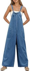 YUENIU Women's Slouchy Denim Overalls Wide Leg Jumpsuit Casual Adjustable Tie Back Backless Jean Rompers with Pockets Blue S