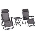 Outsunny 3pcs Folding Zero Gravity Chairs Sun Lounger Table Set w/Cup Holders Reclining Garden Yard Pool, Dark Grey