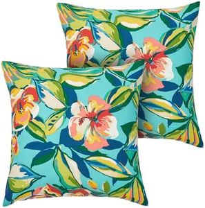 FUNHOME Outdoor Indoor Throw Pillows 18”x18”, Set of 2 Decorative Throw Pillows with Inserts, All Weather Water-Repellent Square Pillows for Bed, Couch, Sofa and Patio Furniture-Rosario Flower Leaf