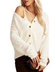 GRACE KARIN Cardigans for Women V-Neck Long-Sleeved Cardigan with Wooden Buttons Soft Elastic Comfortable Autumn Winter Short Knitted Sweater Elegant Casual Shoulder Sweater Top White