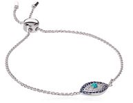 Sterling Silver Genuine Stabilized Turquoise with Created Blue and White Sapphire Evil Eye Bolo Adjustable Bracelet, 9"