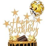 iZoeL Gold Cake Decoration Confetti Balloon Cake Topper Gold Happy Birthday Cake Topper Stars Heart Cupcake Topper for Women Man Boys Girls (gold)