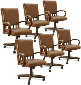 Chromcraft Leather Swivel Dining Chairs Set of 6 – Premium Kitchen Seating with Caster Wheels and Wooden Arms – Classic Rolling Comfort for Dining Room Elegance - Hickory Dawn