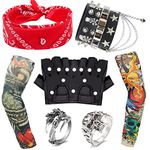 9Pcs Heavy Metal Rock Costume Set, Punk Gothic Rock Accessories with Fake Tattoo Sleeves Covers Bandana Black PU Gloves Bracelet Rings Fancy Dress for Women Men Adult Halloween Party Supplies