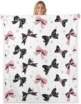Feelyou Bowknot Decoration Sherpa Blanket for Girls Dreamy Princess Style Kids Fleece Throw Blanket Watercolor Pink Black Bow Fuzzy Blanket for Sofa Bed Couch Girly Kawaii,Queen 90x90 Inches