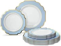 " OCCASIONS " 50 Plates Pack (25 Guests)-Heavyweight Wedding Party Disposable Plastic Plate Set -(25x10.5'' Dinner + 25x8'' Salad/dessert (Imperial in White/Blue & Gold)