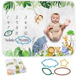 Baby Milestone Blanket | Monthly Photo Mat for Newborn Boy or Girl, Unisex | Safari Theme | Personalised Baby Shower Present for New Mums | Age Mat | Soft & Comfortable | Includes Coloured Frames